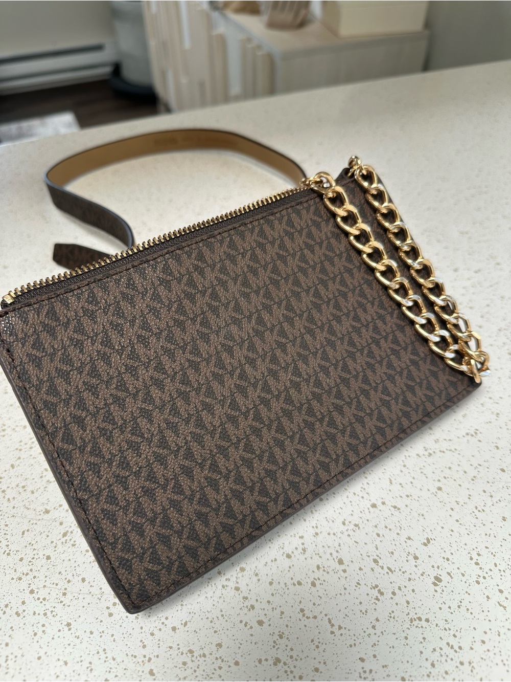 NWOT Michael Kors Brown Logo Crossbody Belt Bag  with Gold Chain